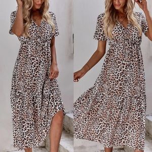 Boho leopard print ruffle midi dress